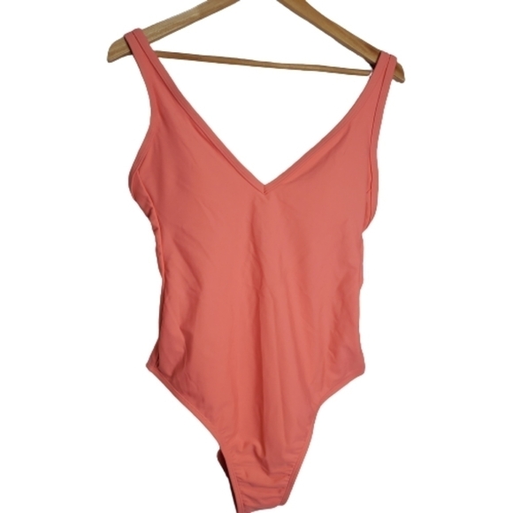 New Kona Sol Peach V-neck One Piece High Back Adjustable Straps Swimsuit Medium - Picture 1 of 11